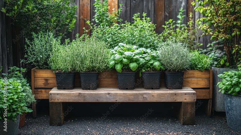 16. A thriving herb garden in a rustic backyard, with basil, rosemary, and thyme growing in raised beds, accompanied by a wooden garden bench 16. A thriving herb garden in a rustic backyard, with basil, rosemary, and thyme growing in raised beds, accompanied by a wooden garden bench