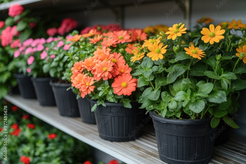 A variety of vibrant flowering plants are arranged neatly in pots for sale at a grocery store A variety of vibrant flowering plants are arranged neatly in pots for sale at a grocery store