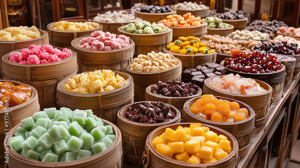 Fototapeta premium A colorful array of traditional Asian desserts arranged beautifully in bamboo baskets and wooden bowls.