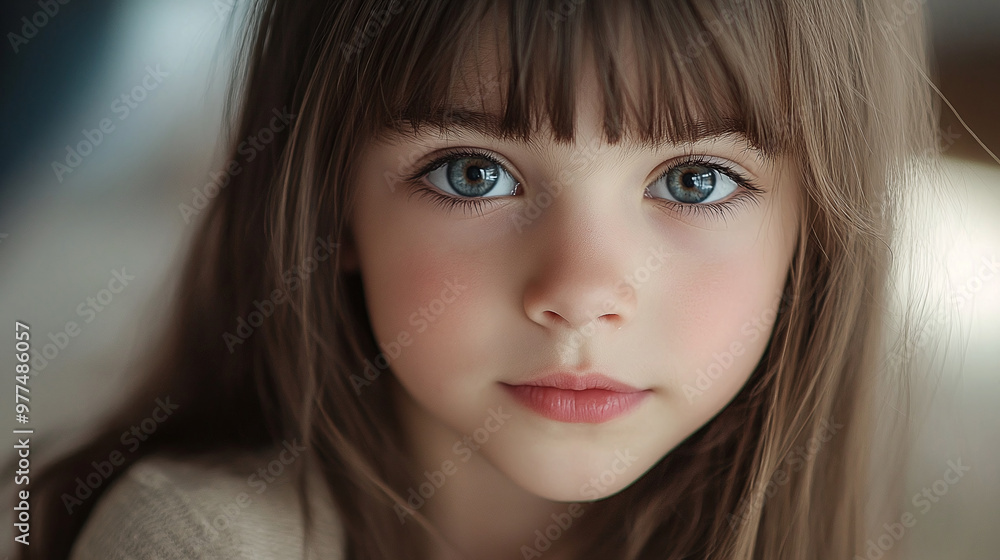 A young girl with long brown hair looks directly at the camera, focusing her attention A young girl with long brown hair looks directly at the camera, focusing her attention