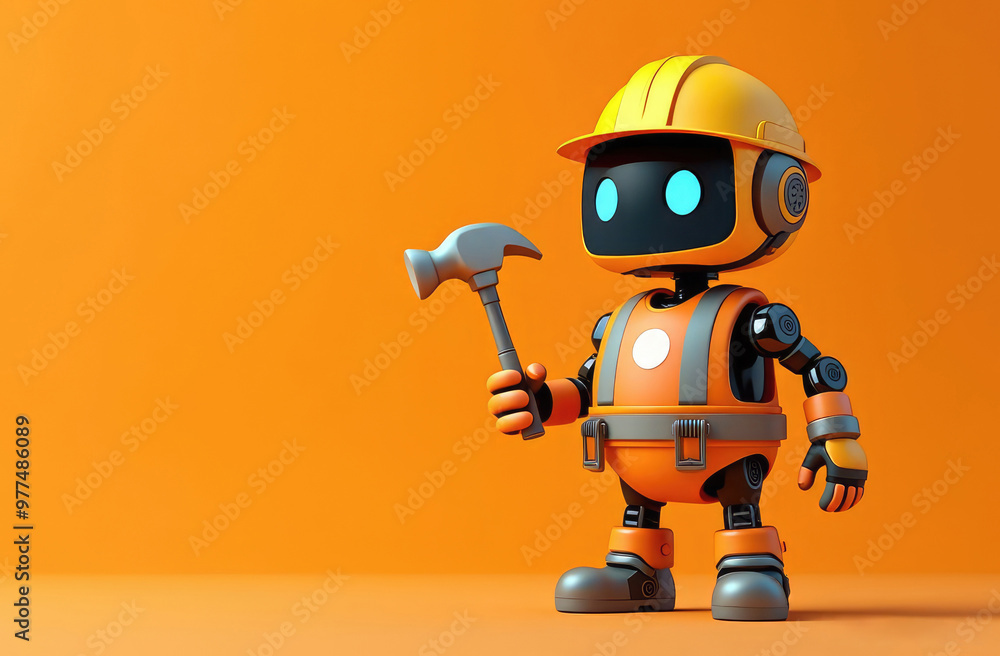 cute 3d illustration of funny android robot as construction worker holding hammer on orange backdrop cute 3d illustration of funny android robot as construction worker holding hammer on orange backdrop