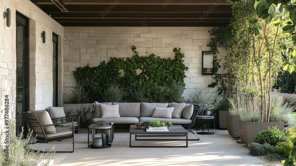 A contemporary outdoor living room featuring sleek metal furniture, stone walls, and an abundance of greenery integrated into the design A contemporary outdoor living room featuring sleek metal furniture, stone walls, and an abundance of greenery integrated into the design