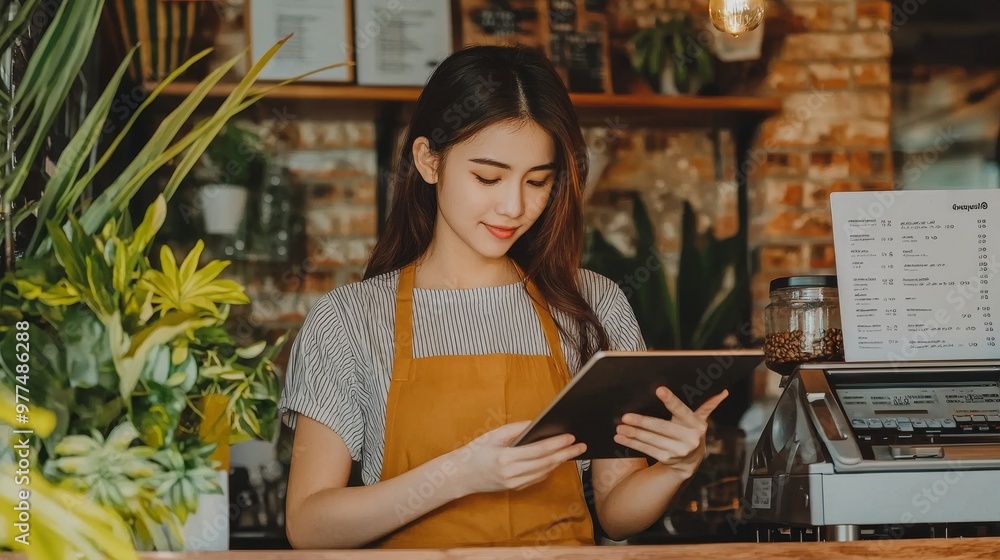 In a cafe, a young girl waitress stands behind a wooden counter and works on a tablet while she smiles. A shop assistant uses a point-of-sale terminal to put in an order from a note at the register. In a cafe, a young girl waitress stands behind a wooden counter and works on a tablet while she smiles. A shop assistant uses a point-of-sale terminal to put in an order from a note at the register.