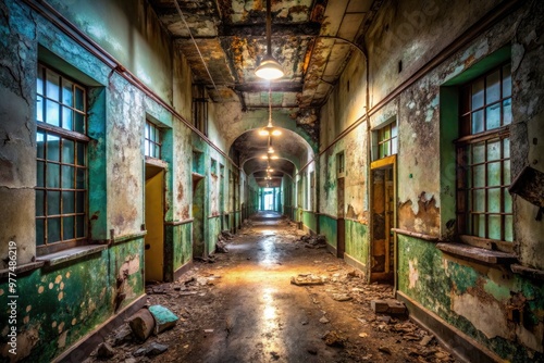 Ominous abandoned asylum corridor with peeling walls, flickering fluorescent lights, and rusty hospital equipment, exuding an eerie and foreboding atmosphere of decay and neglect.