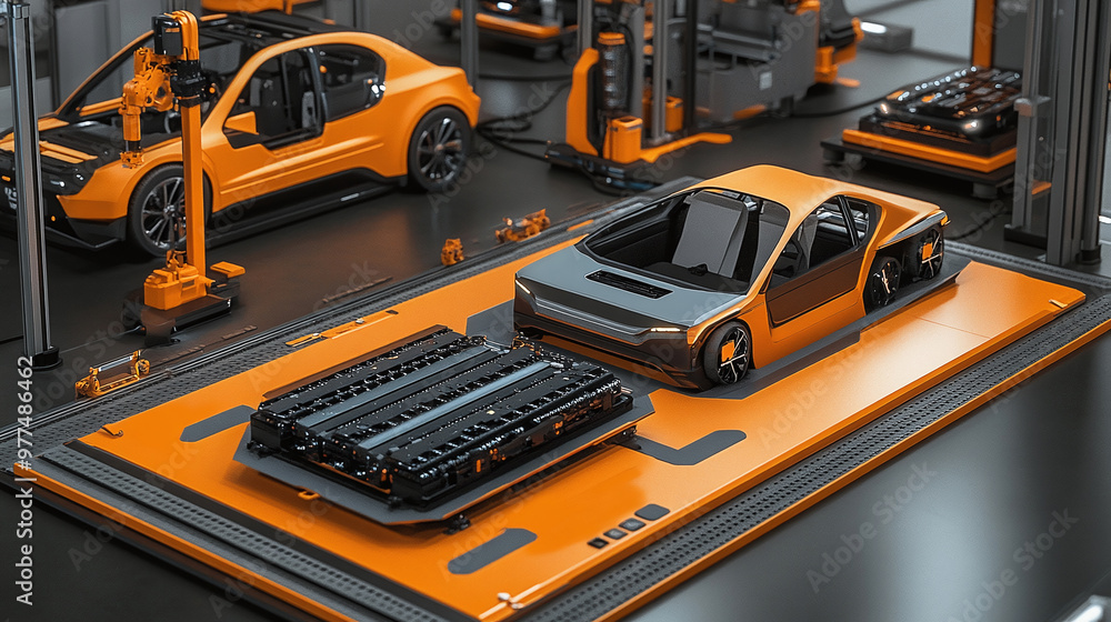 Automation auto factory concept featuring a robot assembly line and a platform for electric vehicle battery modules Automation auto factory concept featuring a robot assembly line and a platform for electric vehicle battery modules