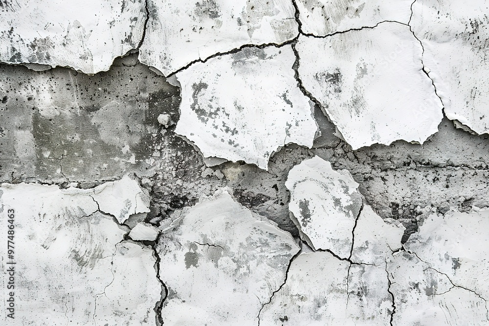 Fototapeta premium Detailed cracked white surface texture, providing a raw and distressed appearance, ideal for industrial and architectural backgrounds.