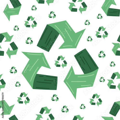 Green recycling arrows pattern for eco-friendly designs on white isolated background. Eco symbol of recycling, upcycling, sustainability, zero west life. For eco projects, eco design, recycling paper.