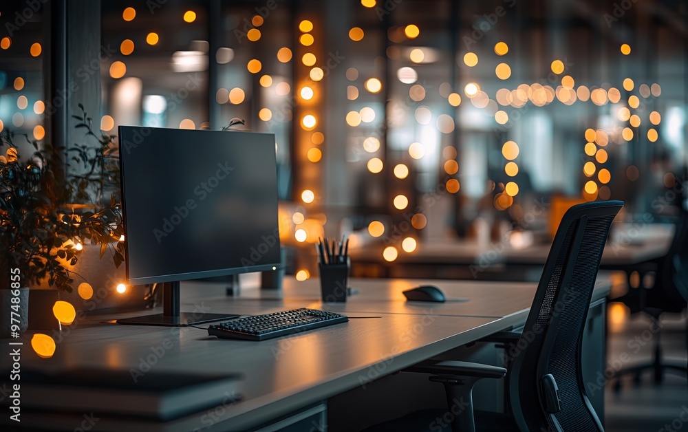 A modern office workspace featuring a computer, desk, and warm ambient lighting, ideal for productivity and focus. A modern office workspace featuring a computer, desk, and warm ambient lighting, ideal for productivity and focus.