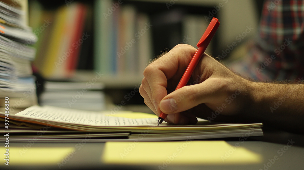Editor marking corrections on printed manuscript, red pen and post-it notes in hand. Editor marking corrections on printed manuscript, red pen and post-it notes in hand.