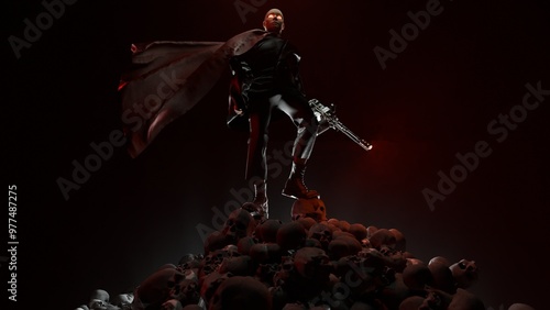 Fotografie An antihero with a machine gun and a red cape stands on top of a mountain of burnt human skulls