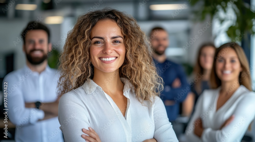 A cheerful businesswoman with curly hair is at the front, surrounded by her diverse team, conveying teamwork and positivity in a modern workspace. A cheerful businesswoman with curly hair is at the front, surrounded by her diverse team, conveying teamwork and positivity in a modern workspace.