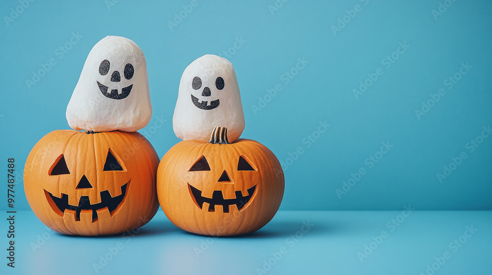 Halloween pumpkins and ghost decorations on blue backdrop Halloween pumpkins and ghost decorations on blue backdrop