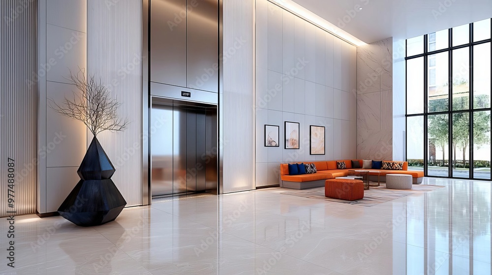 Modern luxury hotel lobby featuring a glass elevator