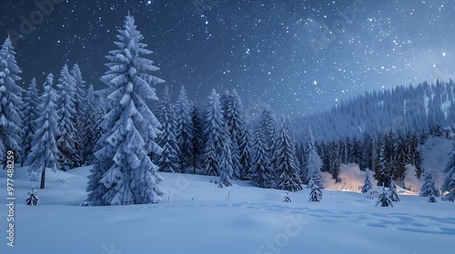 Landscape of a snow-covered pine forest under a starry night sky with a faint glow of Christmas lights in the distance.