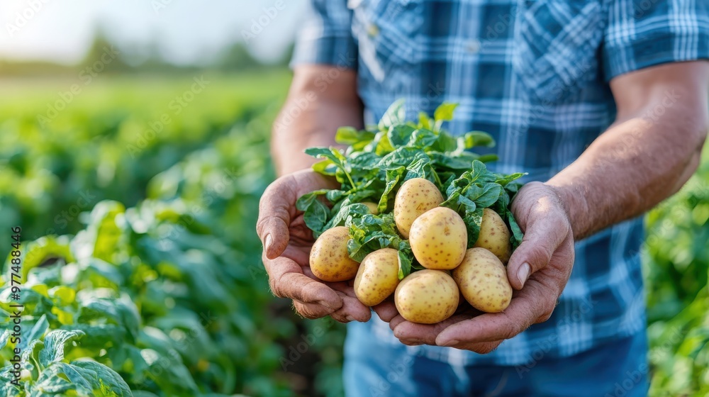 Hands of a person with a plaid shirt proudly presenting freshly harvested potatoes with green leaves in an open field, symbolizing the rewards of hard work and dedication in farming. Hands of a person with a plaid shirt proudly presenting freshly harvested potatoes with green leaves in an open field, symbolizing the rewards of hard work and dedication in farming.