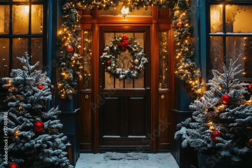 Wallpaper Mural House entrance decorated for traditional winter holidays, front steps of the house with Christmas tree, ornaments and wreath on front door	 Torontodigital.ca