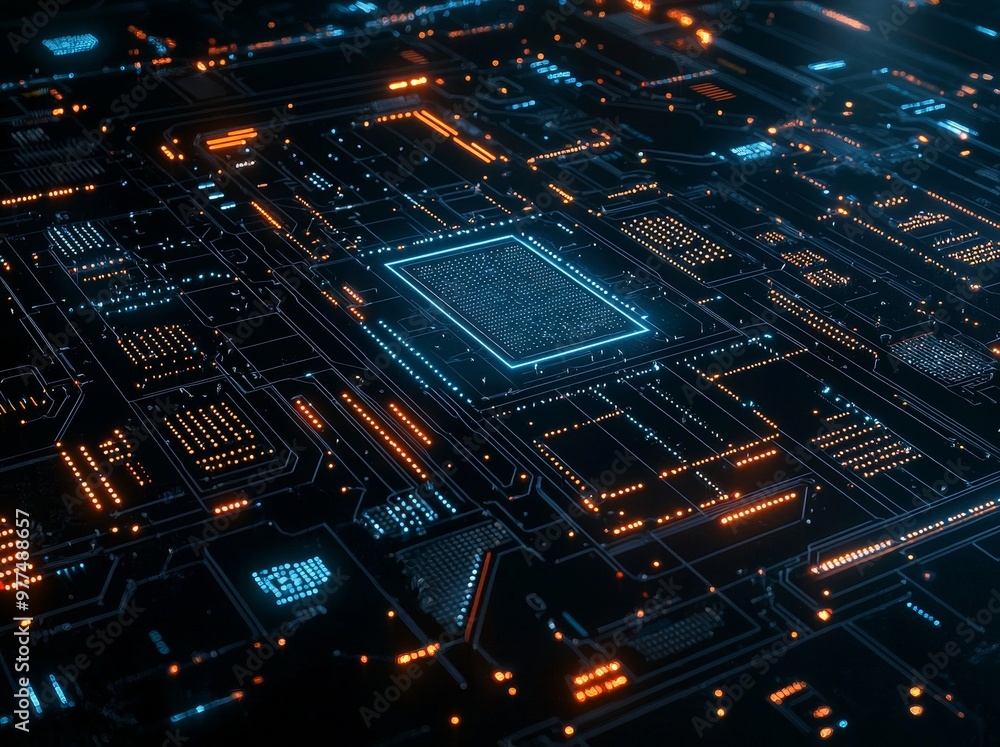 Obraz premium Circuit board with glowing computer chips and CPUs