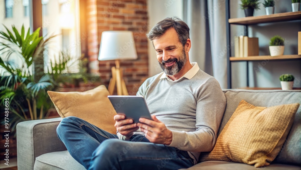 Relaxed male figure sits comfortably on couch, intently reading an electronic book on a tablet, surrounded by cozy living room atmosphere. Relaxed male figure sits comfortably on couch, intently reading an electronic book on a tablet, surrounded by cozy living room atmosphere.