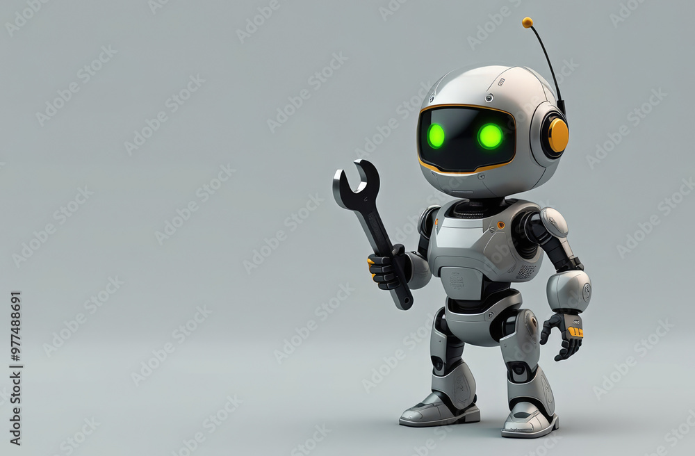 funny 3d illustration of cute android robot as mechanic holding wrench on solid gray background funny 3d illustration of cute android robot as mechanic holding wrench on solid gray background