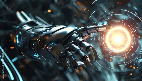 Futuristic metallic robot hand reaching for a glowing energy orb amidst abstract technological elements