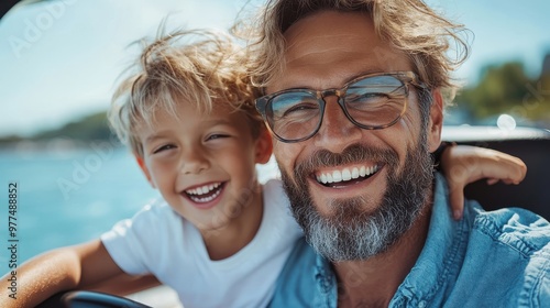 A delightful moment as a father and son laugh together inside a vehicle with a stunning ocean view, embodying joy, adventure, and the beauty of family connections.