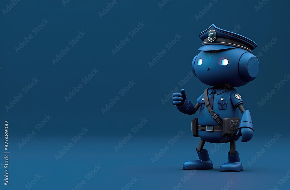 funny 3d illustration of cute android robot as police officer on solid navy blue background funny 3d illustration of cute android robot as police officer on solid navy blue background