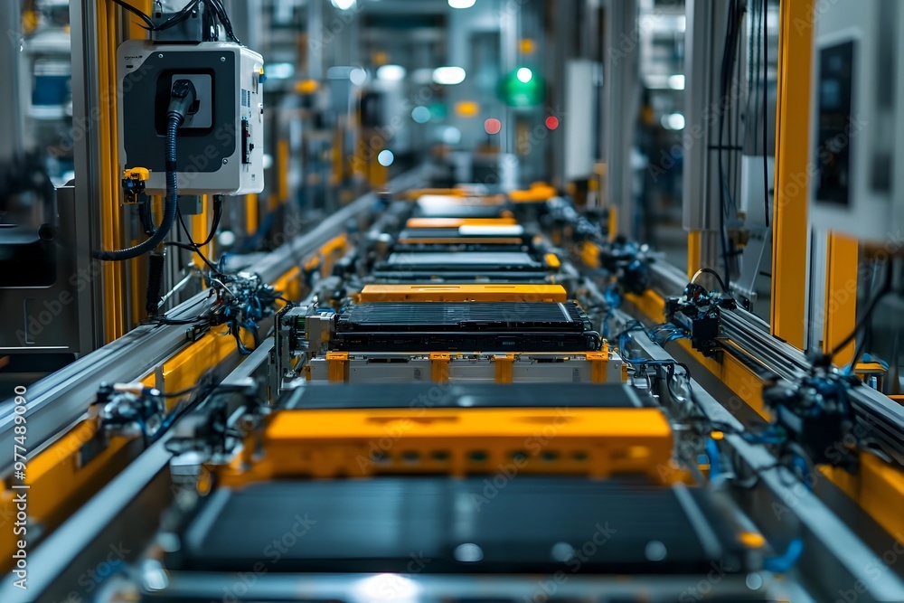 Automated Electric Vehicle Battery Assembly Line in Modern Factory Automated Electric Vehicle Battery Assembly Line in Modern Factory