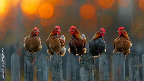 Group of chickens roosting on a wooden fence