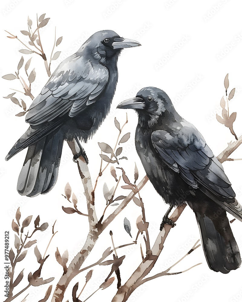 Fototapeta premium Crows perched on branches, watercolor illustration