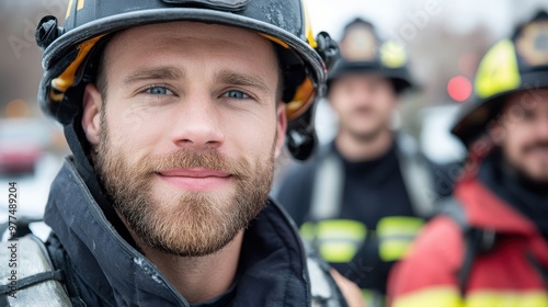 A confident firefighter wearing protective gear with a composed expression, surrounded by fellow firefighters, evokes a sense of team spirit and readiness.