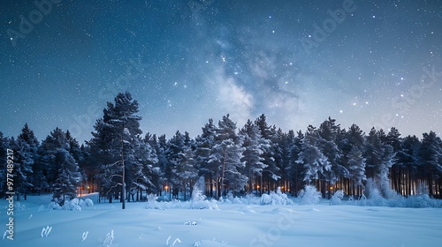 A serene winter landscape of a snow-covered pine forest under a starry night sky with a faint glow of Christmas lights in the distance.