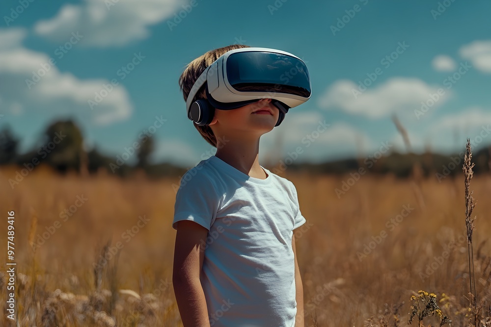 Young Boy Exploring Virtual Reality in Idyllic Outdoor Setting Stock ...