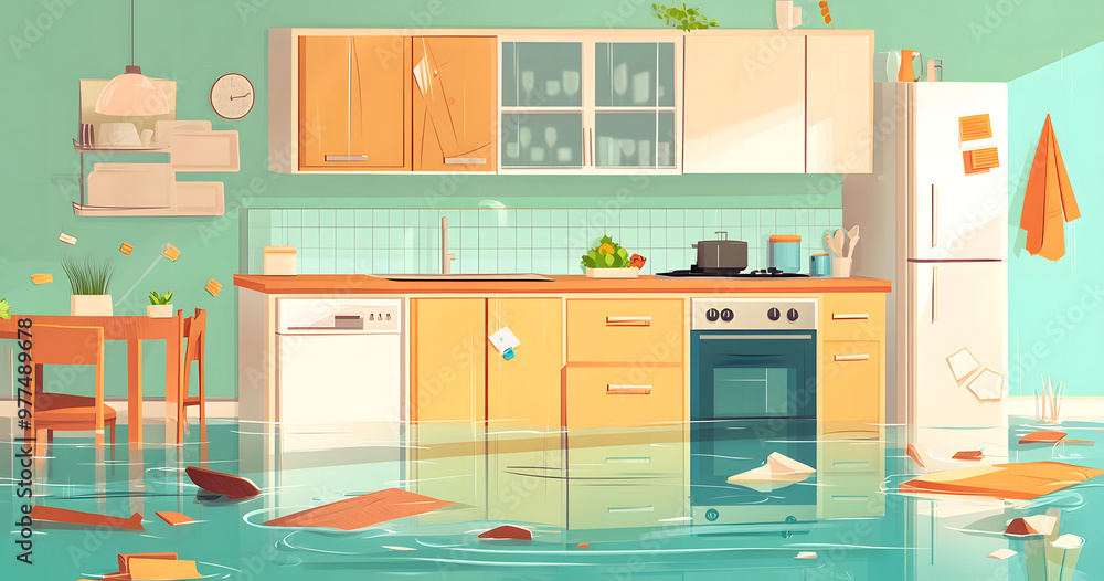 Illustration of a Flooded Kitchen with Water Damage and Floating Debris Illustration of a Flooded Kitchen with Water Damage and Floating Debris
