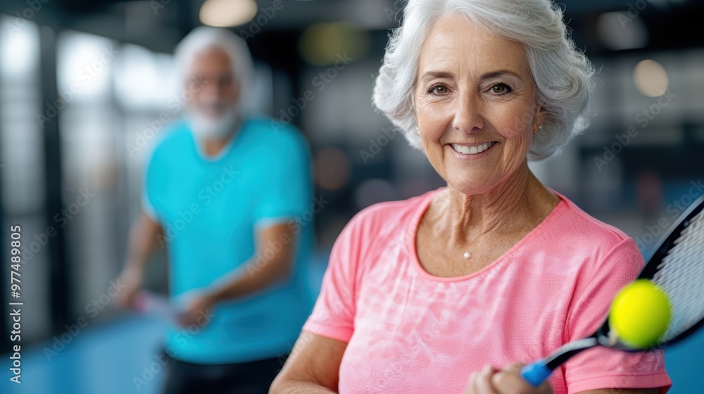 An elderly woman in pink with a tennis racket smiles at the camera while playing tennis indoors with an older man in a blue shirt in the background. An elderly woman in pink with a tennis racket smiles at the camera while playing tennis indoors with an older man in a blue shirt in the background.