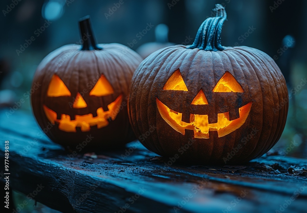 Carved pumpkins illuminated by a holiday background. Carved pumpkins illuminated by a holiday background.