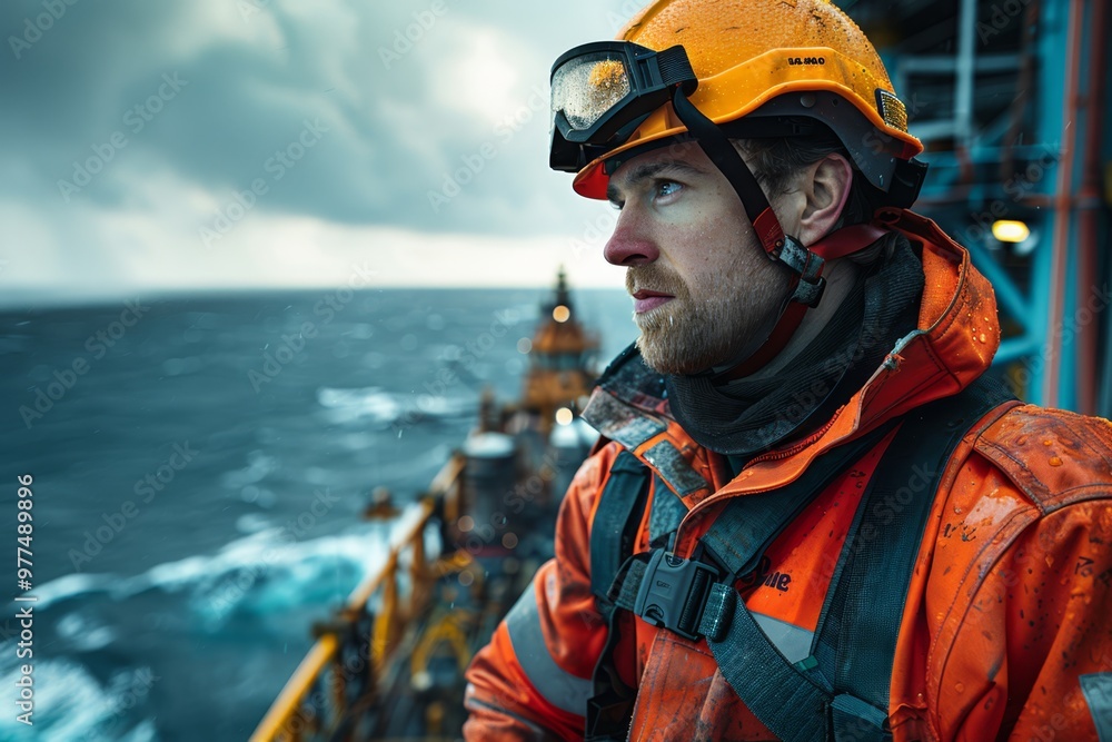 Offshore oil rig worker overlooking ocean platform Offshore oil rig worker overlooking ocean platform