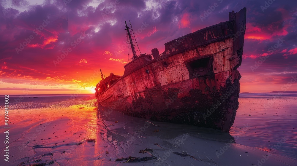 Abandoned rusty boat on shore at vibrant sunset Abandoned rusty boat on shore at vibrant sunset