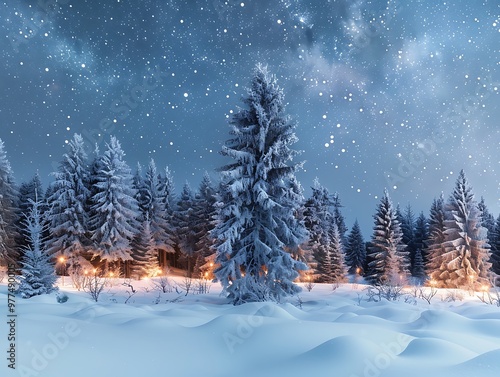 A serene winter landscape of a snow-covered pine forest under a starry night sky with a faint glow of Christmas 