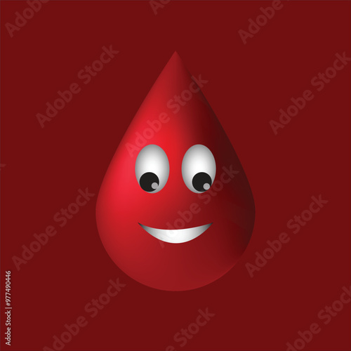 Dynamic 3D blood drop set on a captivating red backdrop, featuring expressive eyes and a playful mouth