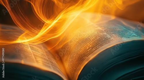 Abstract art of Bible pages turning in the wind, glowing light representing the breath of God