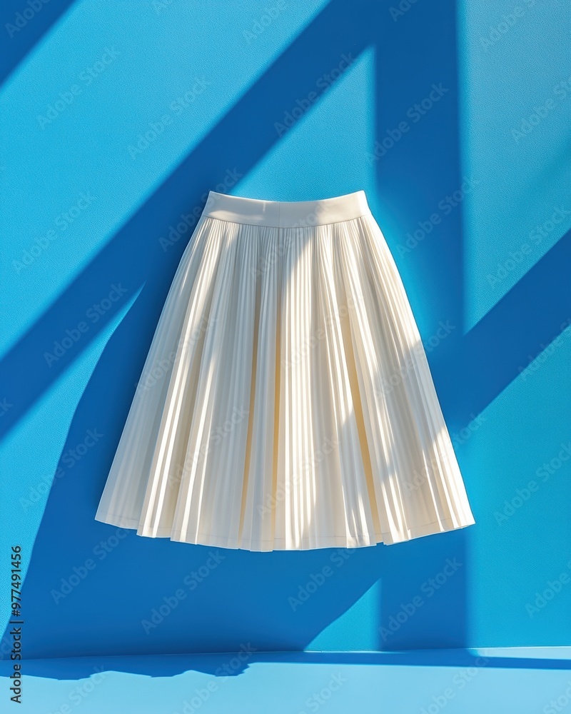 Elegant white pleated skirt against a vibrant blue backdrop, showcasing modern fashion and style inspiration. Elegant white pleated skirt against a vibrant blue backdrop, showcasing modern fashion and style inspiration.