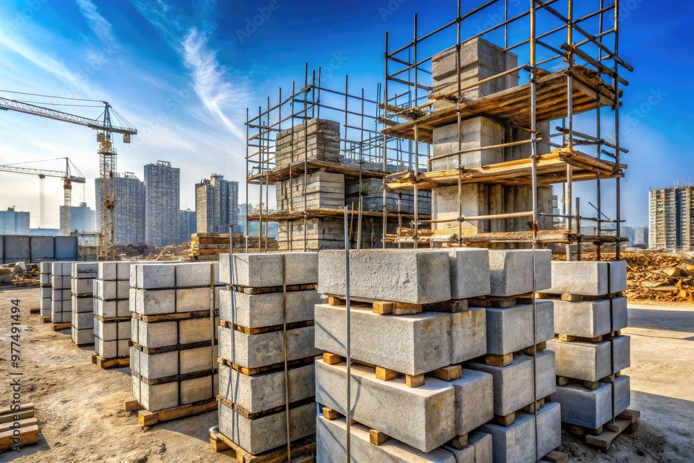 Rugged concrete blocks stacked high, awaiting placement in a modern industrial construction project, with metal rebar and scaffolding visible amidst a dusty urban landscape backdrop. Rugged concrete blocks stacked high, awaiting placement in a modern industrial construction project, with metal rebar and scaffolding visible amidst a dusty urban landscape backdrop.