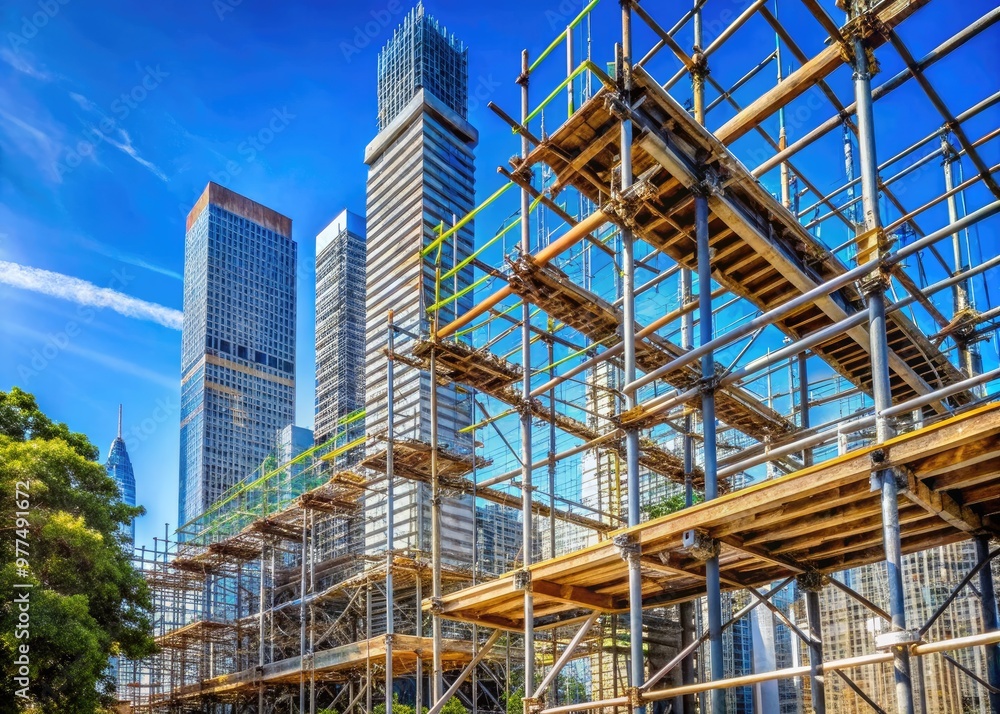 Rugged scaffolding rises high against a clear blue sky, supported by strong metal beams, as a construction project takes shape amidst a bustling urban landscape. Rugged scaffolding rises high against a clear blue sky, supported by strong metal beams, as a construction project takes shape amidst a bustling urban landscape.
