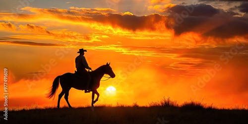 Rugged lone figure on horseback against a vibrant orange sky, shadowy form evoking freedom and adventure as the sun dips below the horizon. photo