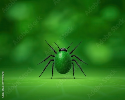 A vibrant green spider stands out against a blurred green background, showcasing nature's unique beauty and intricate details.