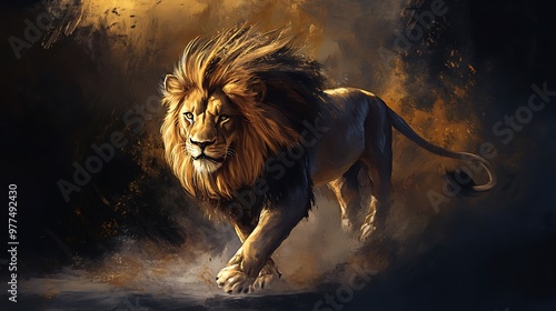 A Majestic Lion Walking Through a Golden Mist