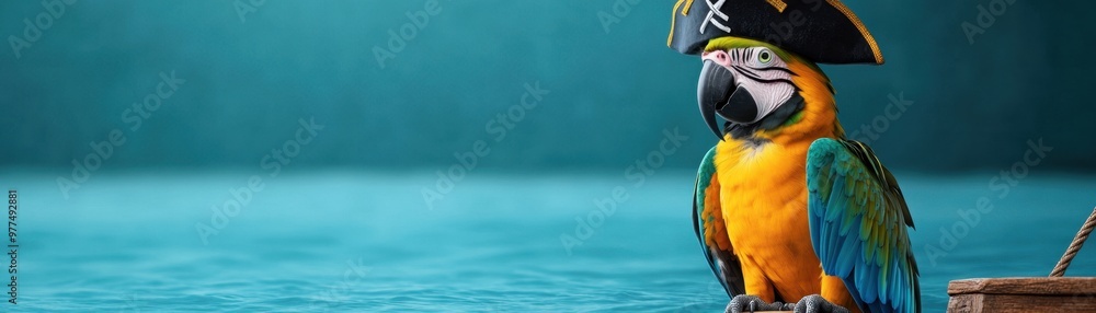 Fototapeta premium A vibrant macaw parrot wearing a pirate hat, standing by the water's edge, embodying adventure and tropical allure