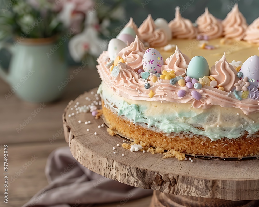 A close-up of a beautifully frosted Easter cake with pastel-colored decorations and spring-themed embellishments set on a rustic wooden cake stand A close-up of a beautifully frosted Easter cake with pastel-colored decorations and spring-themed embellishments set on a rustic wooden cake stand