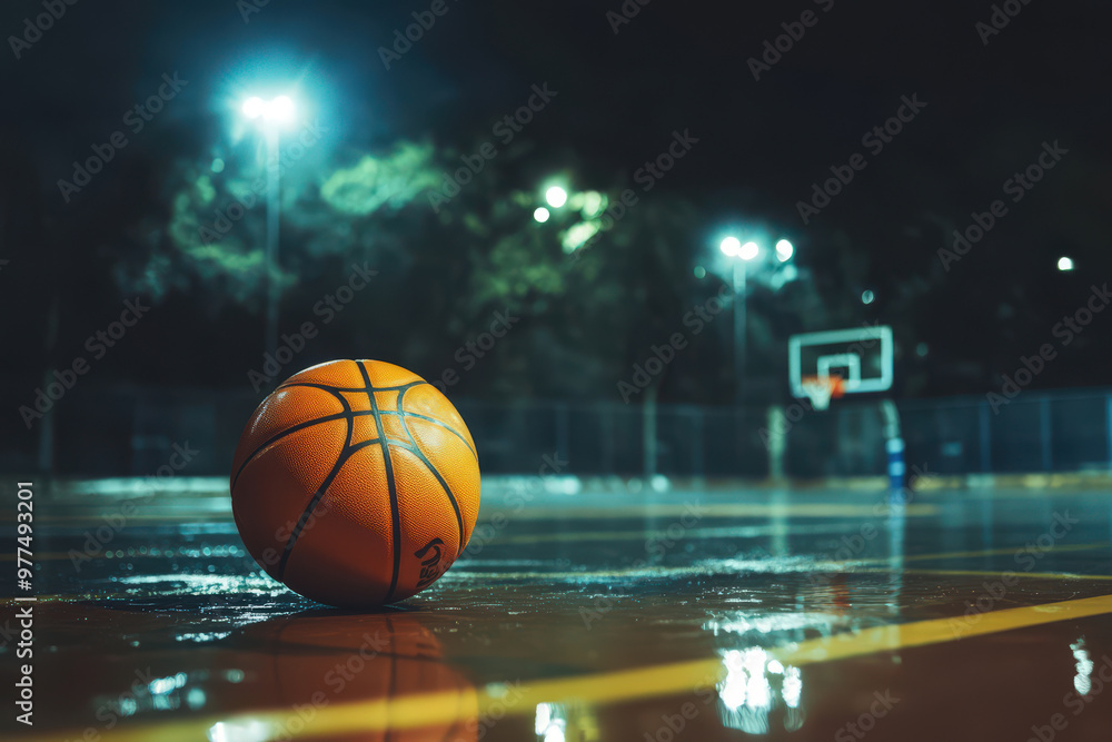 Basketball on Wet Court at Night Basketball on Wet Court at Night