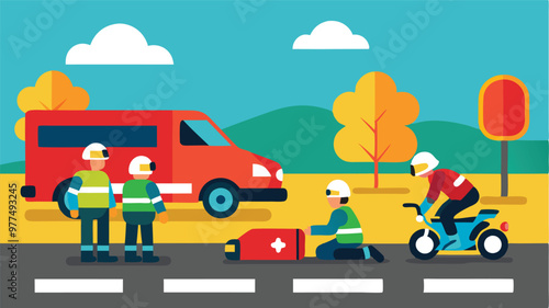 Ambulance and emergency responders assist an injured for transport in an emergency vehicle for accident, urgent care, and crisis management.
